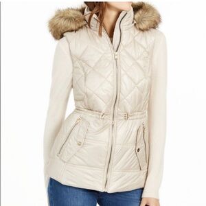 ❤️MK  Michael Kors Women's  Cream  puffer Jacket with Faux Fur Hood New